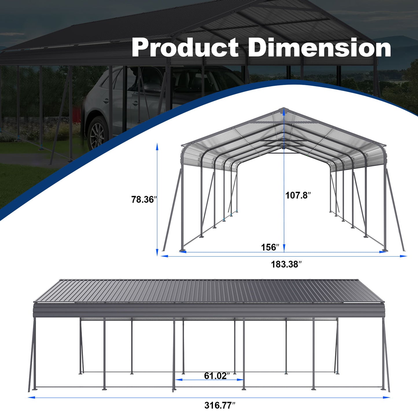 Metal Carport 13 X 26.5 Ft Heavy Duty With Galvanized Steel Roof Metal Garage Canopy With Galvanized Steel Roof & Frame Car Tent Outdoor Storage Shed For Car Boats And Truck - Gray
