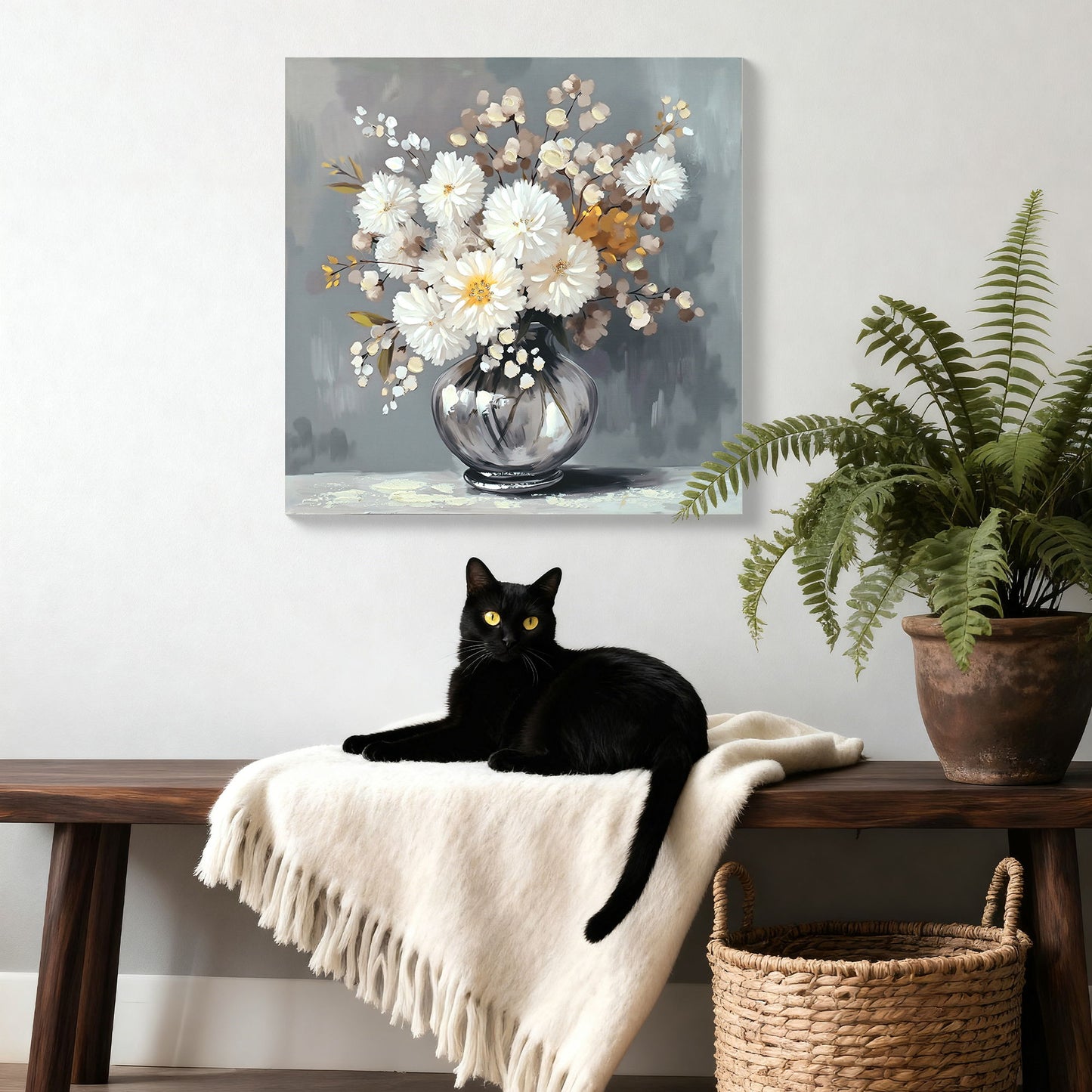 Chrysanthemum Vase Canvas Wall Art Decor Country - Stone White