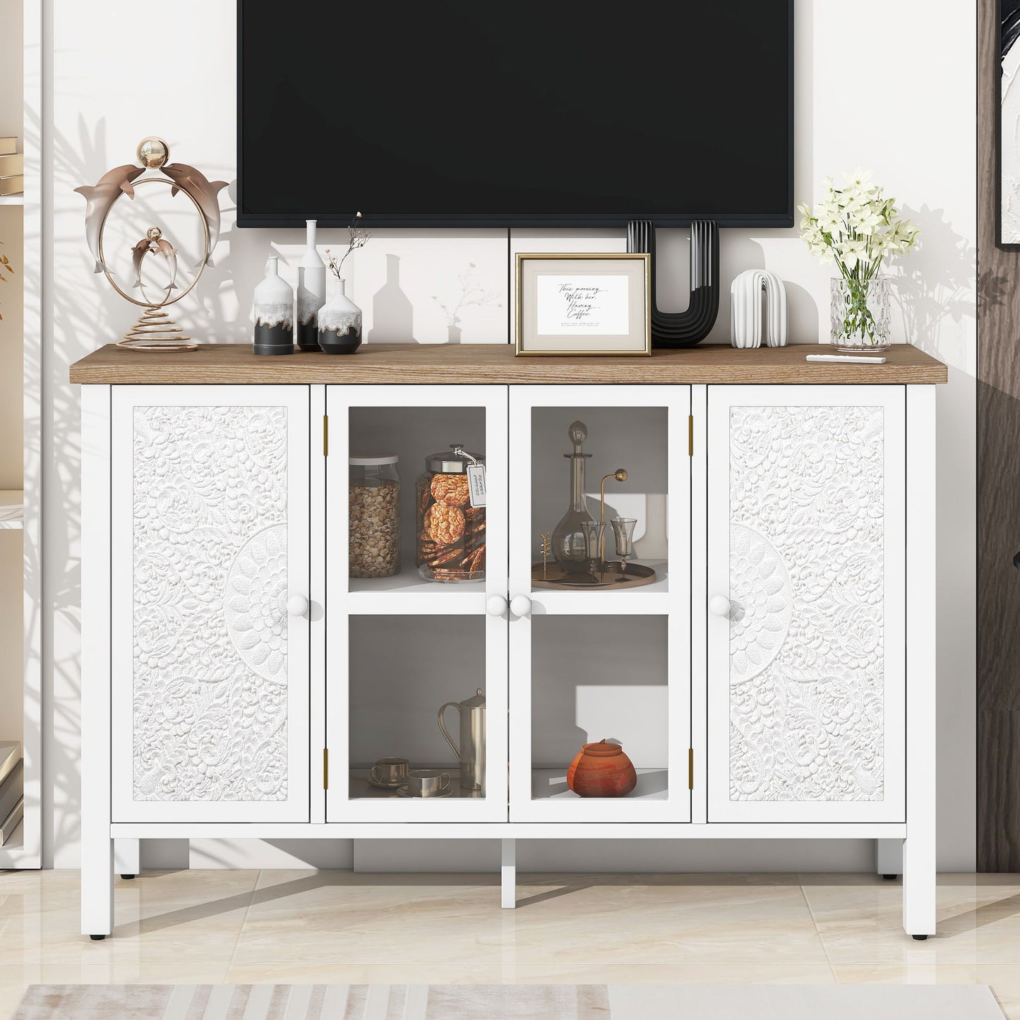 Retro TV Stand For TVs Up To 43", Entertainment Center Media Console Cabinet With 3 Spacious Cabinets, Glass Cabinet Doors And Anti-Tip Device For Living Room - White