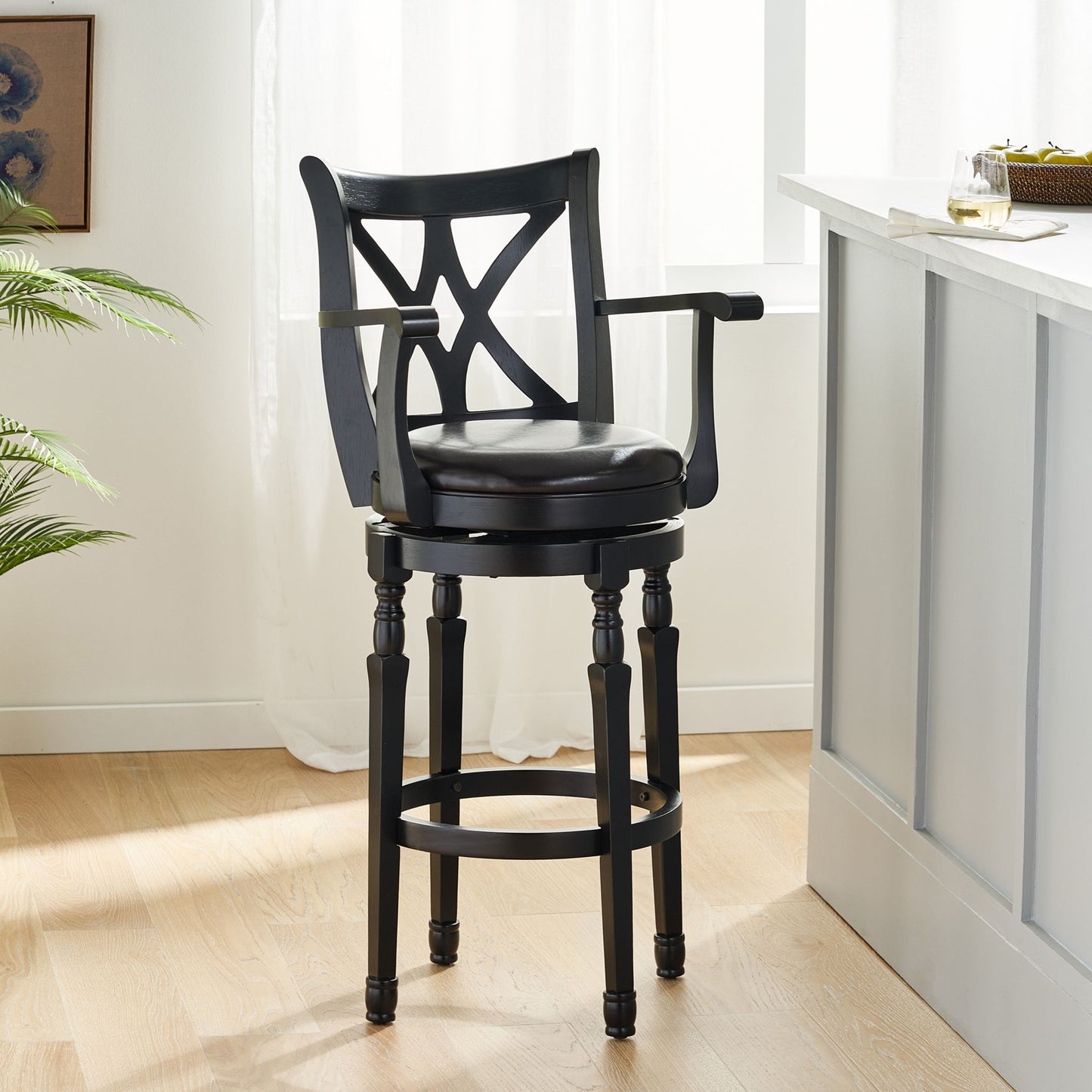 Elegant Leather Swivel Bar Stool With Arms - Espresso