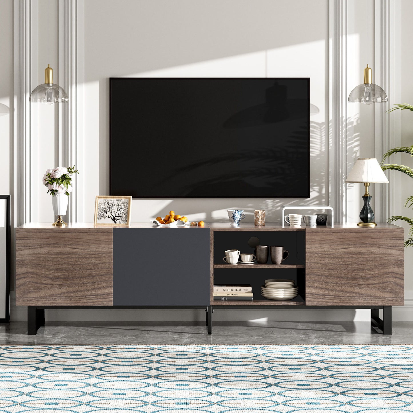 Modern TV With 3 Cabinets & Open Shelves, Color-Matching Media Console Table For Tvs Up To 80'', Entertainment Center With Drop Down Door For Living Room - Dark Brown