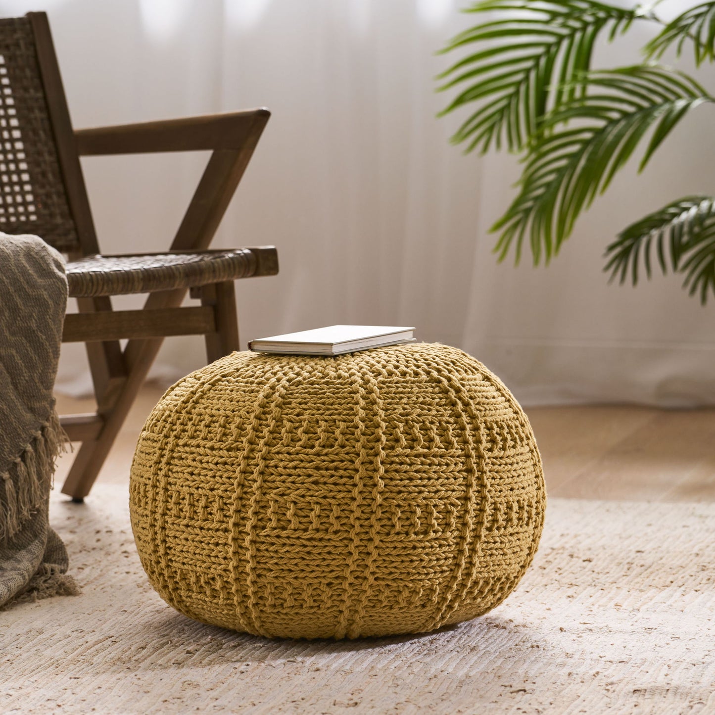 Yuny - Knitted Cotton Round Pouf With Modern Design - Yellow