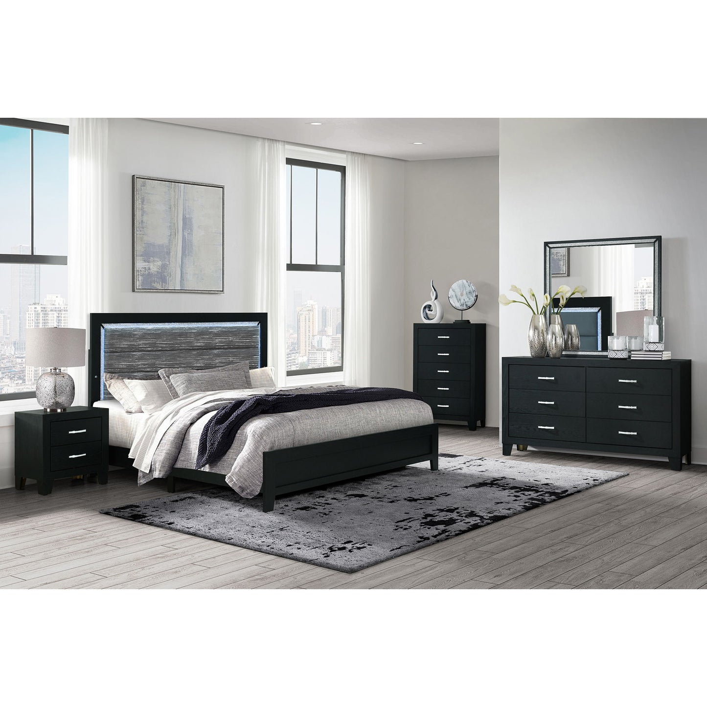 Carlos - 5 Pieces Queen Bedroom Set, Modern Design - Black