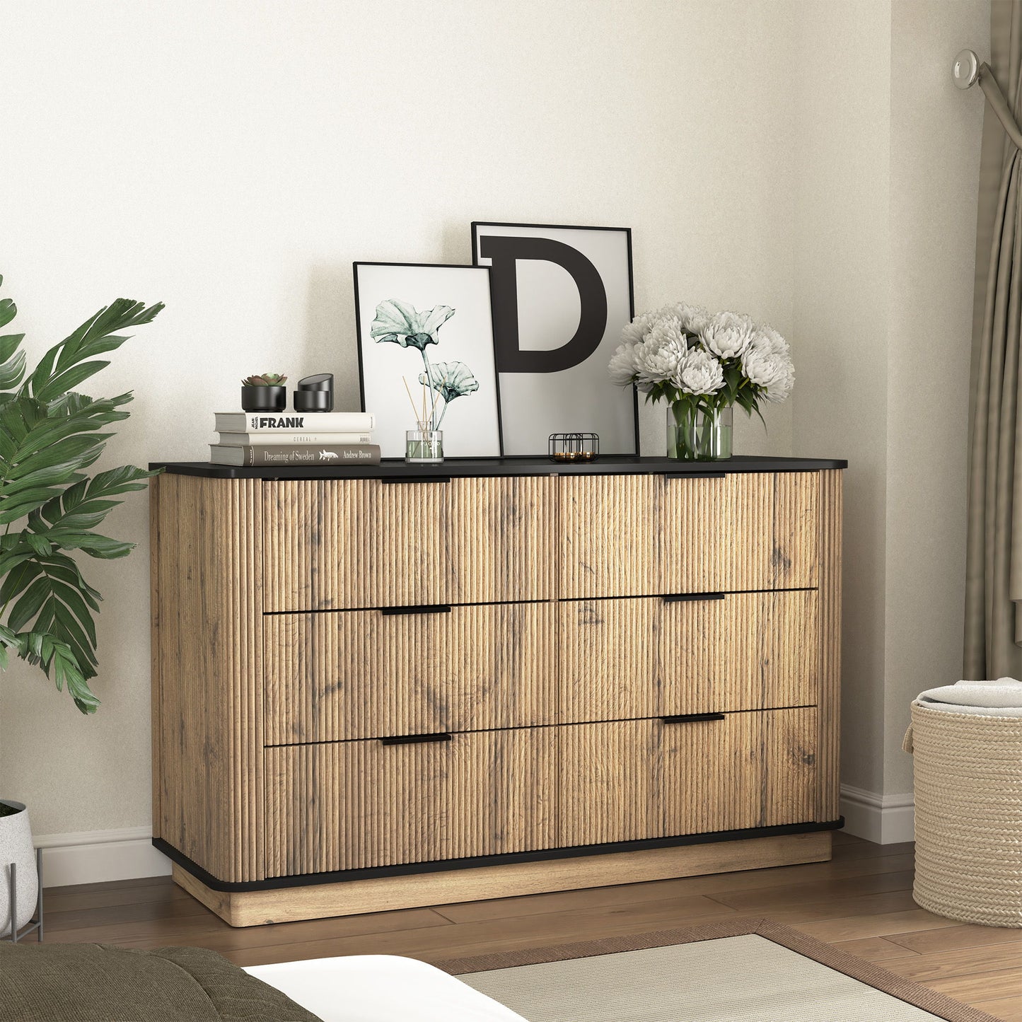 Modern 6 Drawer Cabinet With Metal Rounded Corners And Exquisite Handles Multi Functional Storage - Natural Wood