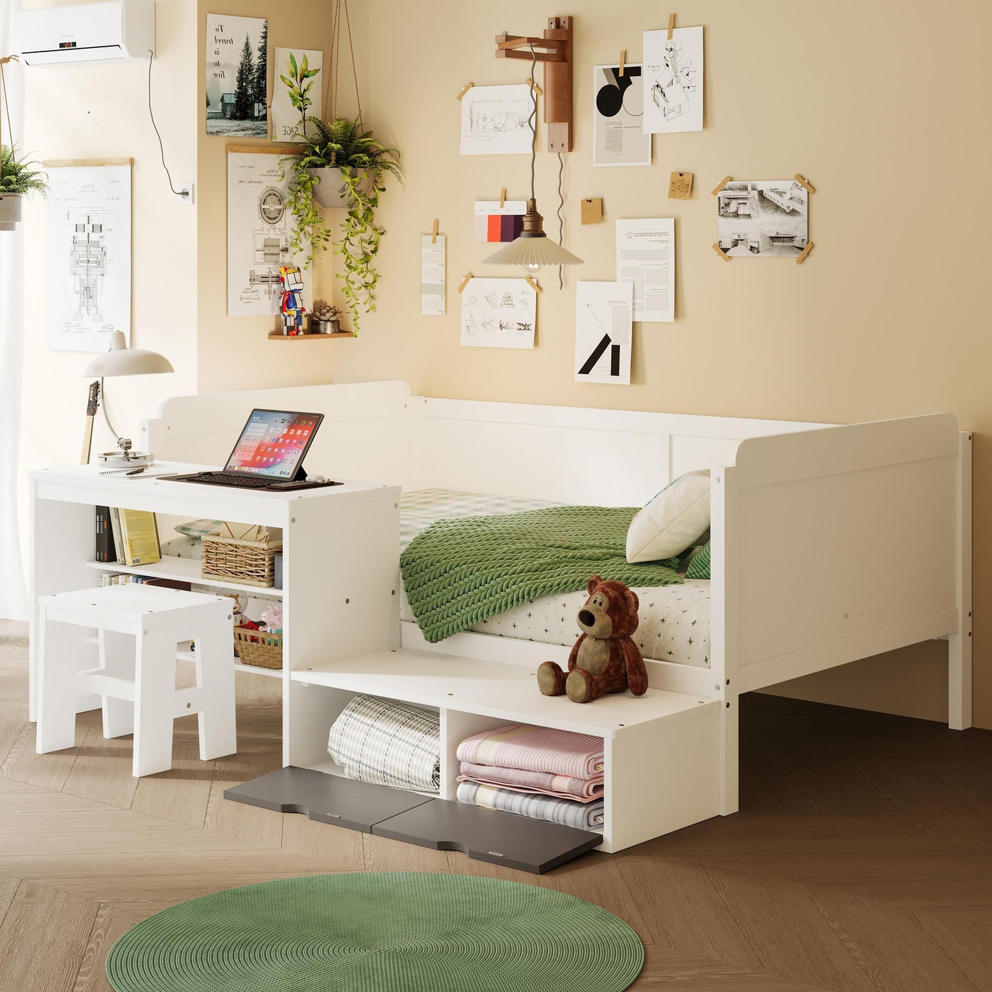 Daybed With Storage Shelves And Lockers, Multi Functional Bed With Study Desk And Matching Stool
