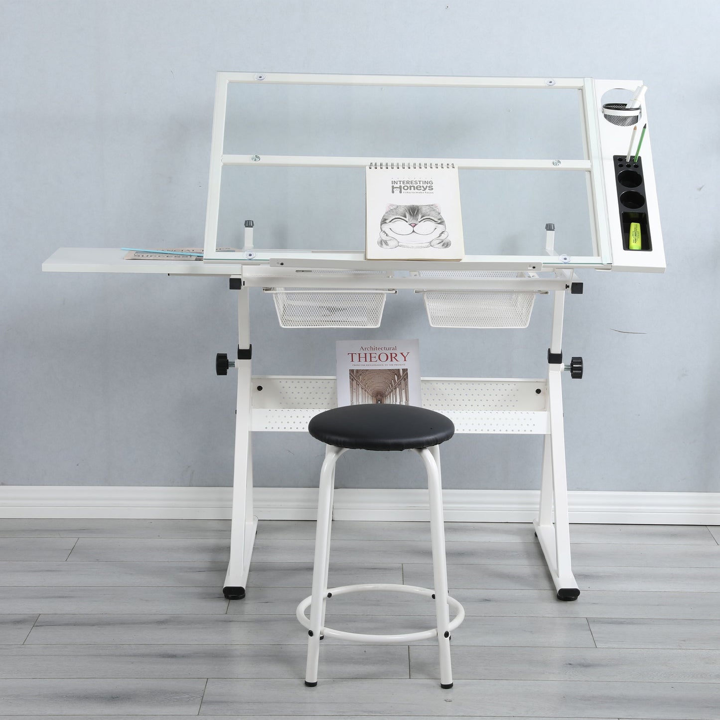 Adjustable Tempered Glass Drafting Printing Table With Chair