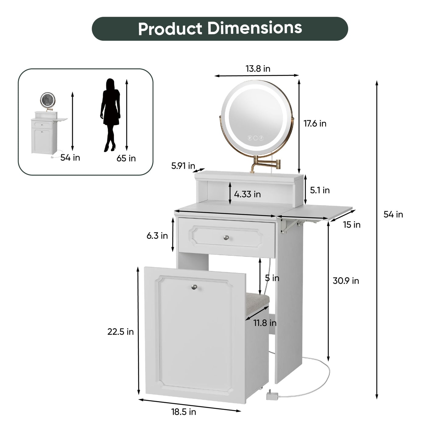 Makeup Vanity Desk With Round Mirror And Lights, 2 In 1 Nightstand, Dressing Table With A Chair - Antique White