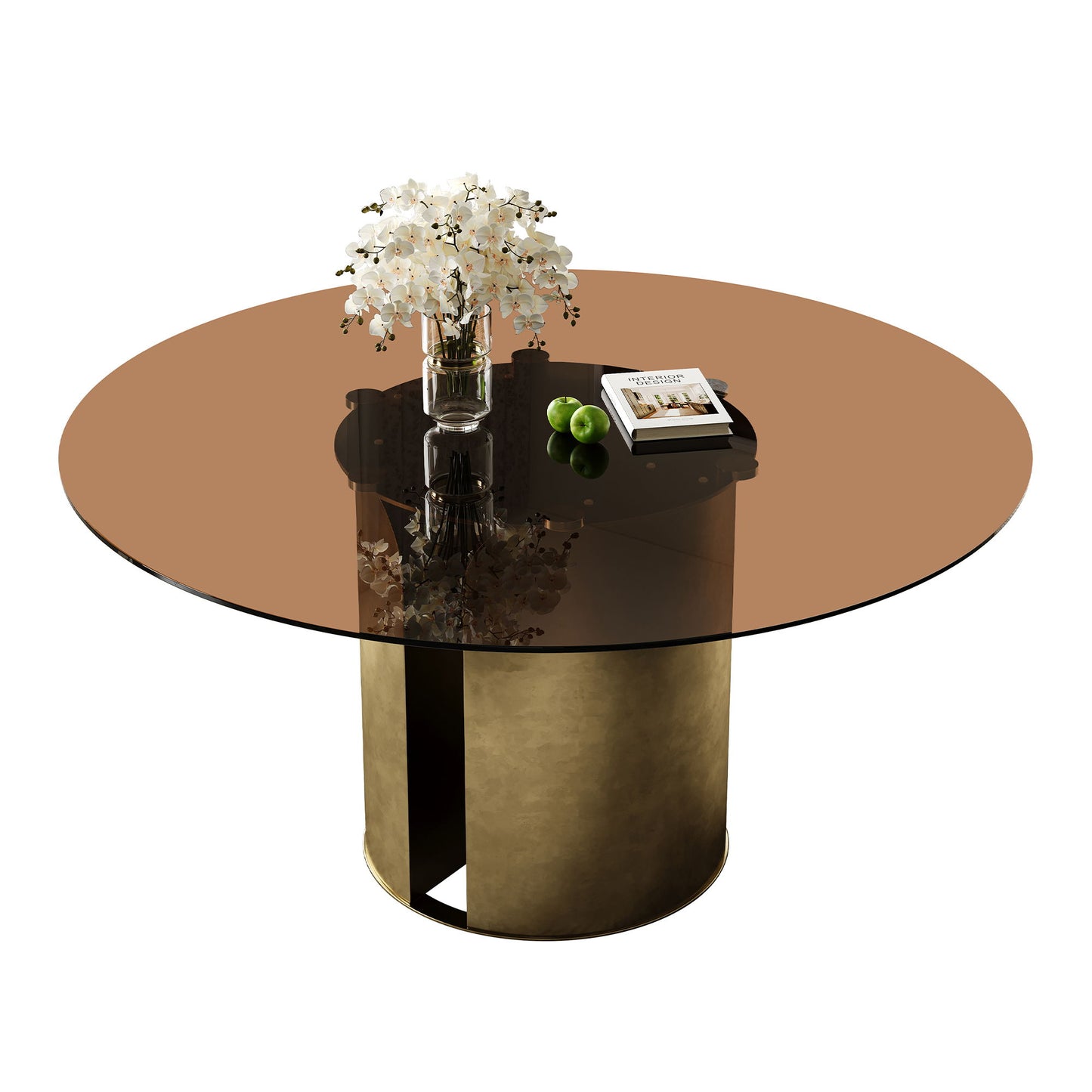 Round Dining Table With Glass Top, Kitchen And Living Room Furniture - Brown