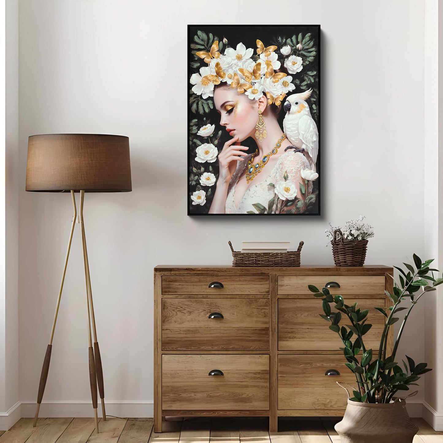 Beauty Posters Beauty Lady Wall Art And Floral Canvas Artwork For Living Room - Ivory / Gold