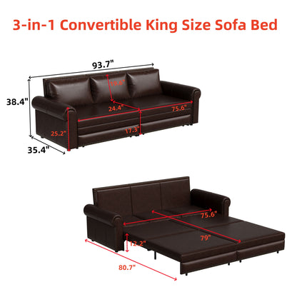 3 In 1 Convertible Sleeper Sofa With Nailhead Trim & Rolled Arm