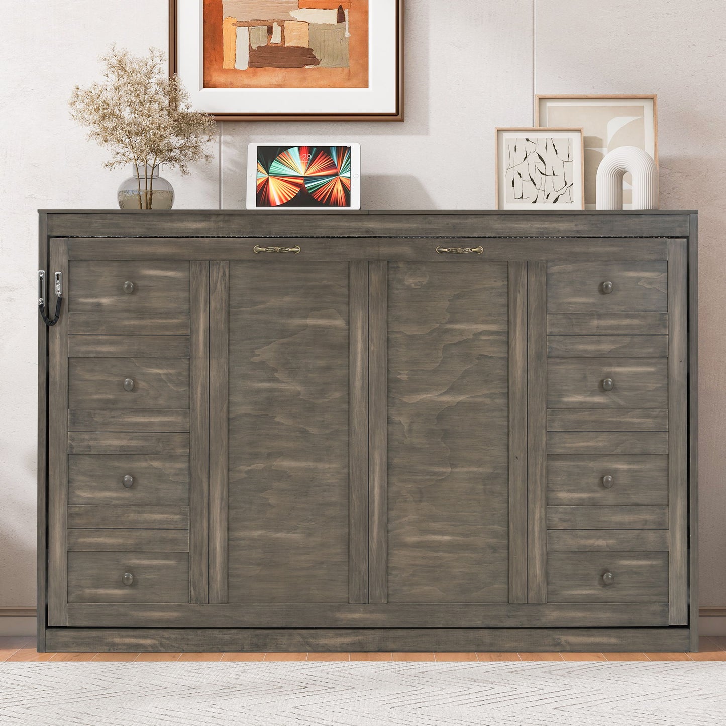 Murphy Bed With LED Light, Foldable Wall Bed Cabinet