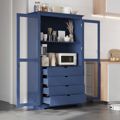 Kitchen Pantry, Freestanding Kitchen Storage Cabinet Display Cabinet With Glass Doors And 4 Built In Drawers For Living Room, Home Office - Blue