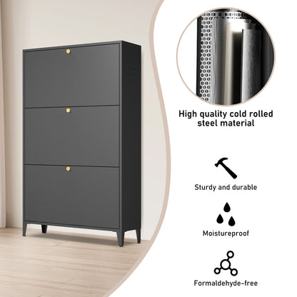 3 Drawer All Steel Shoe Cabinet, Freestanding Storage Organizer With Flip Door