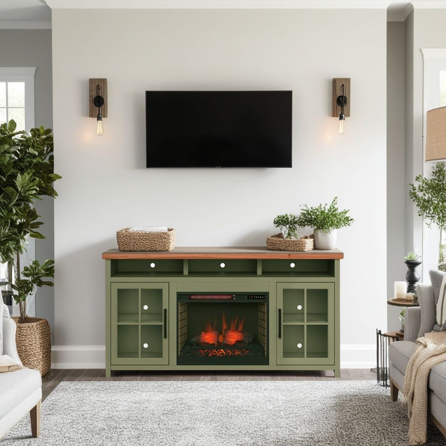 Vineyard - 74" Fireplace TV Stand Console For TVs Up To 85" - Sage Green And Fruitwood