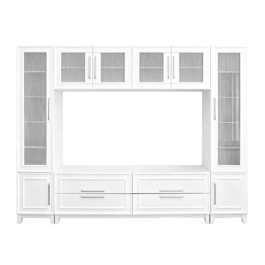 Wall Unit Entertainment Center With Glass Doors For TVs Up To 75" With Drawers For Living Room - White