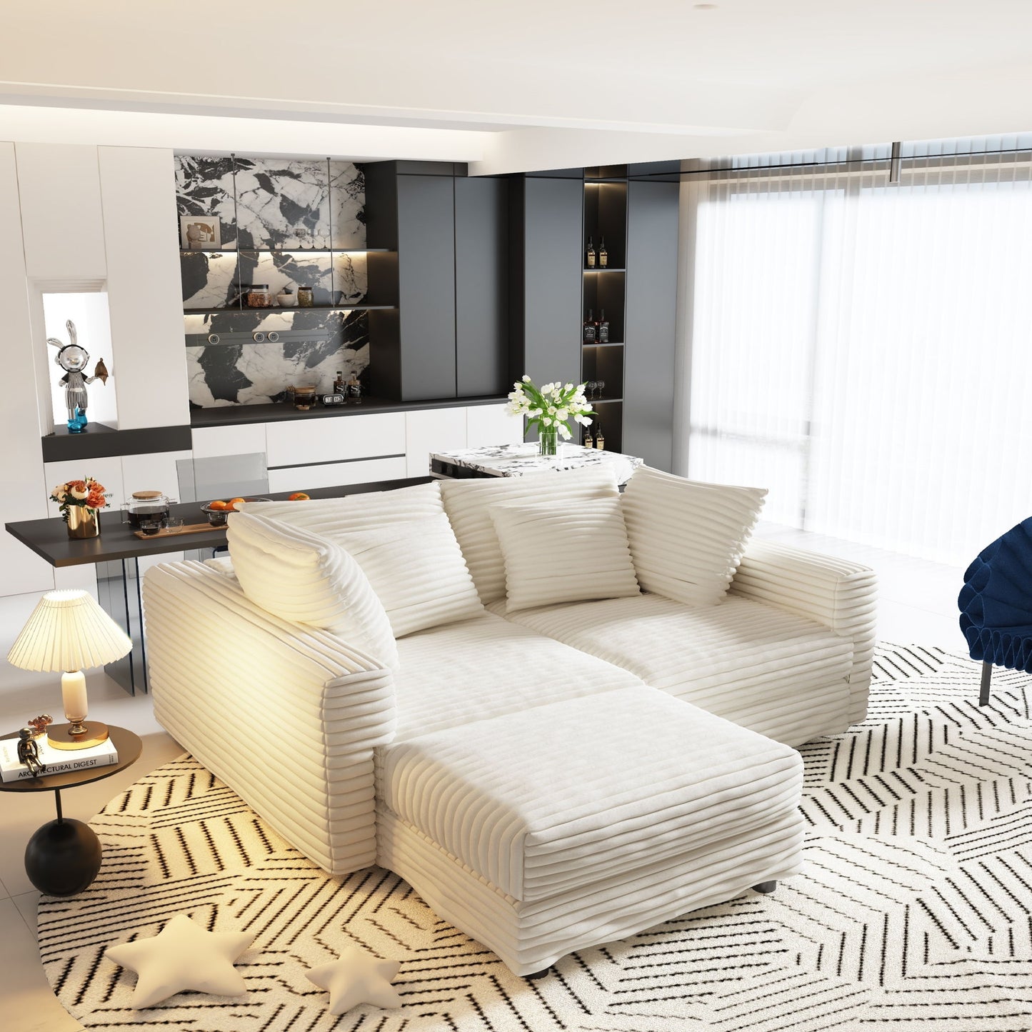 Plush Corduroy 4 Seat Sofa With Soft Pillows And Movable Ottoman