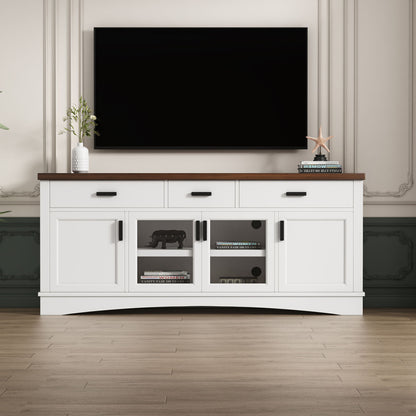 TV Console Stand, Glass Doors & Storage Drawers, Adjustable Shelves