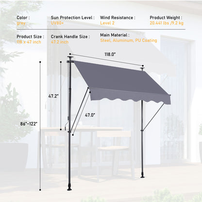 Manual Retractable Patio Awning, UV Resistant Polyester Sun Shade With No Drill Installation