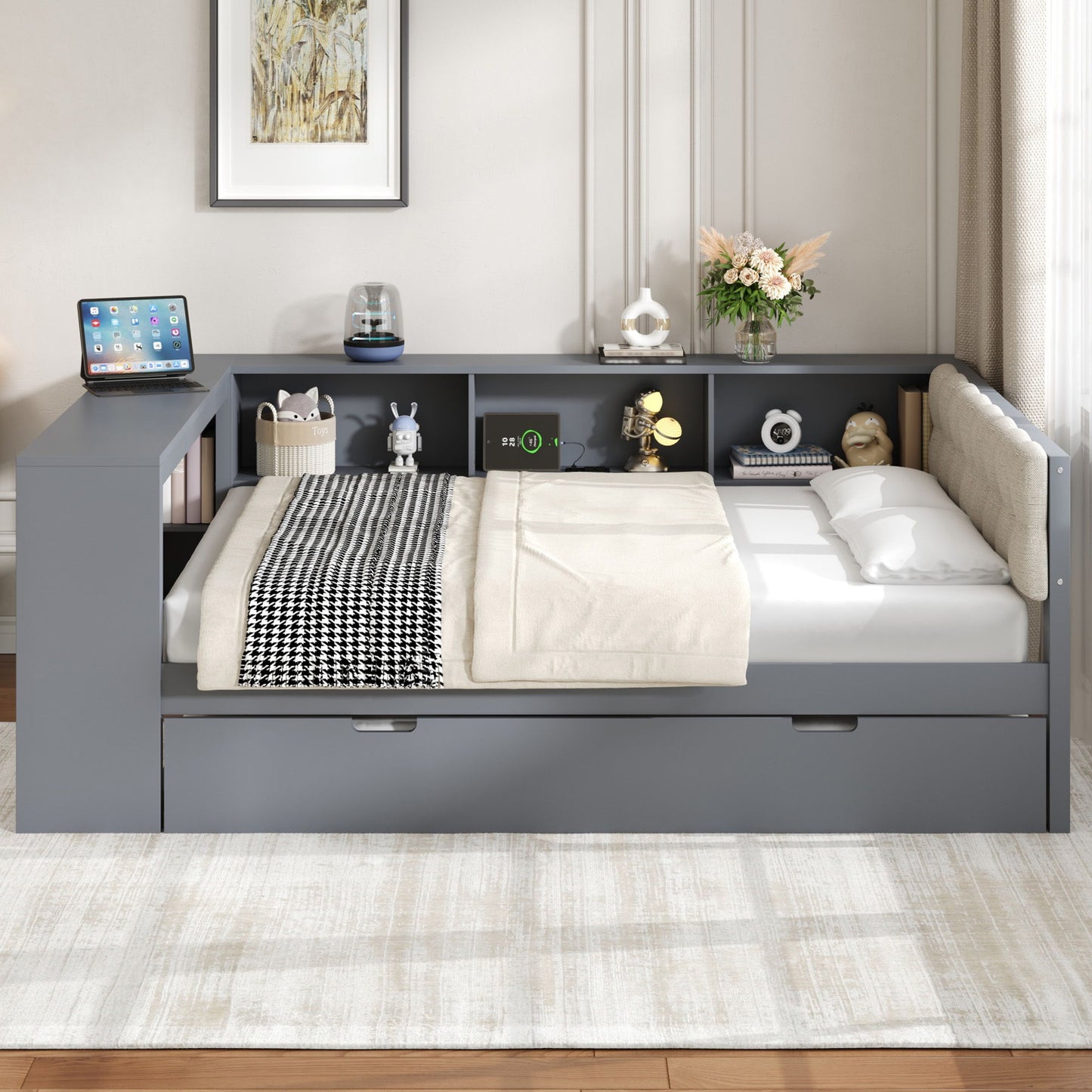 Upholstered Headboard Platform Bed With Storage Shelves, Trundle, Charging Station