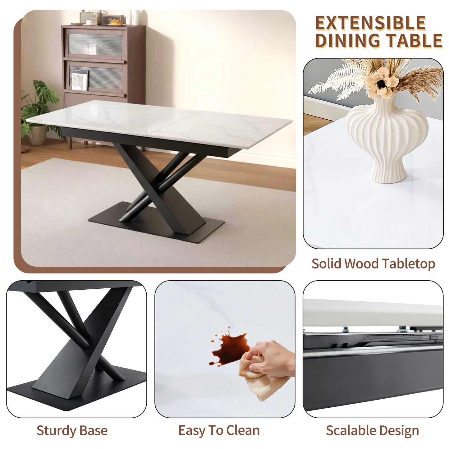 Dining Table With Geometric X Frame For Kitchen Or Dining Room - White Marble