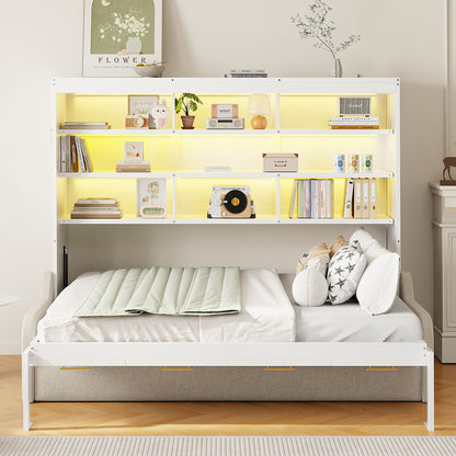 Murphy Cabinet Bed With Folding Sofa, Built In Storage Shelves And LED Light