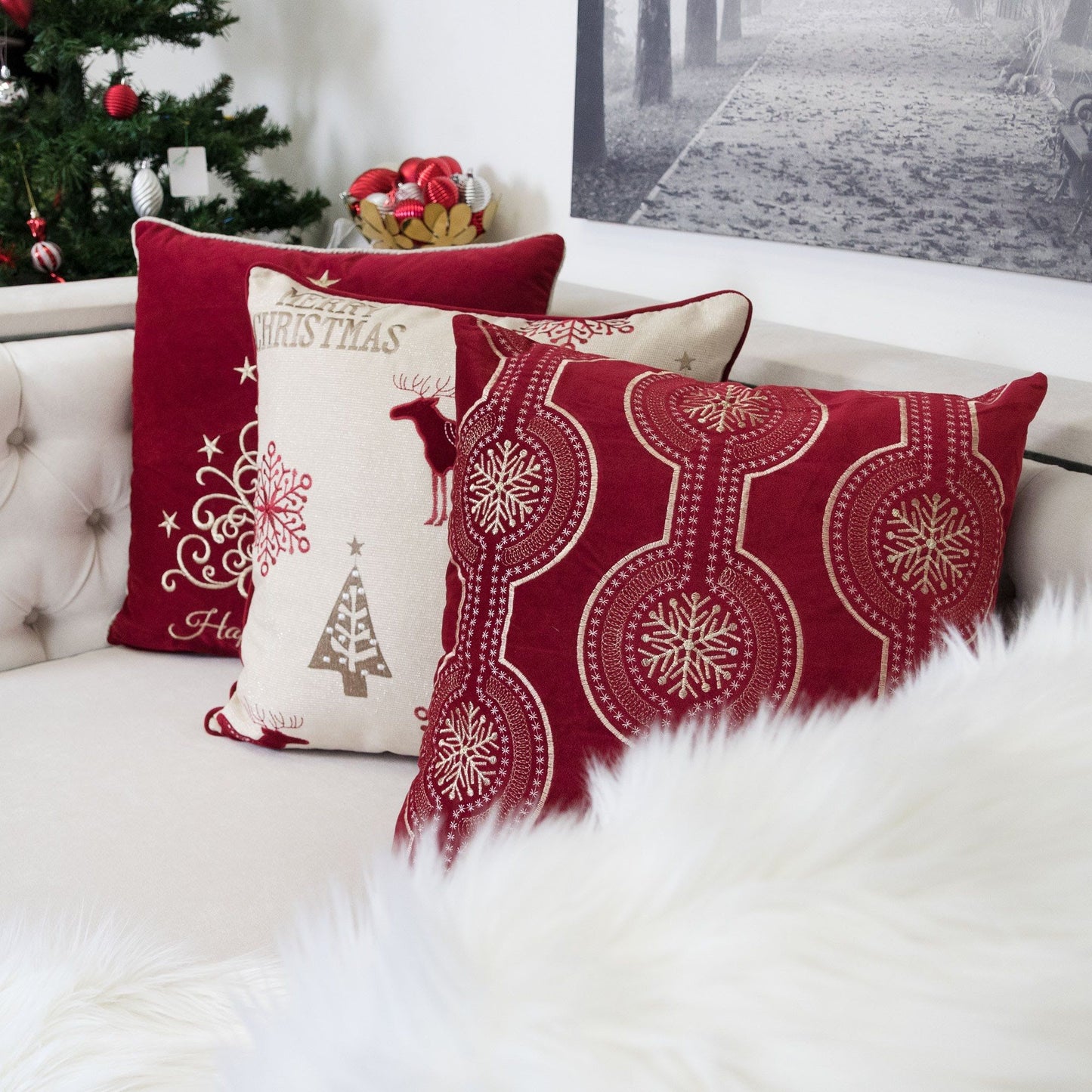 Holiday Throw Pillow With Snowflake Embroidery
