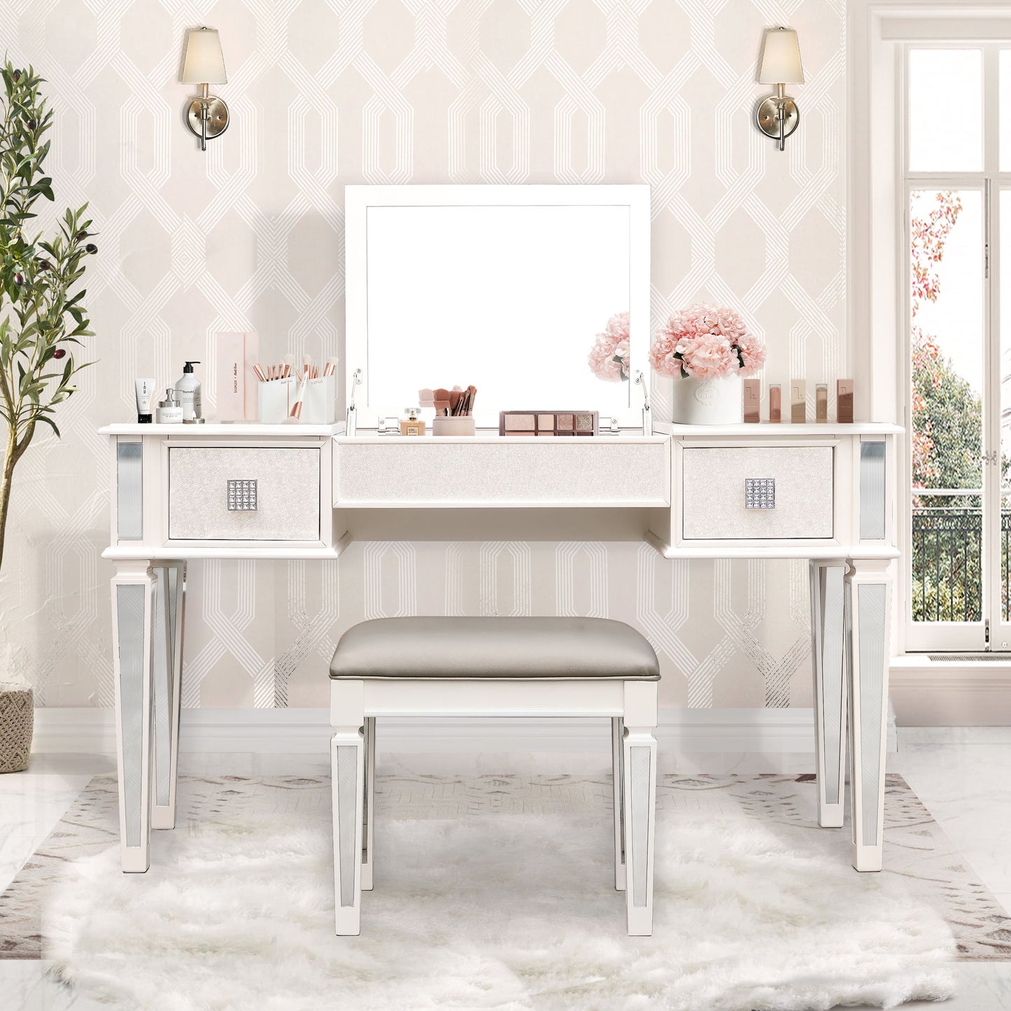 Mirrored Vanity Desk With Drawers And Stool, Flip Up Dressing Table Set For Makeup Room
