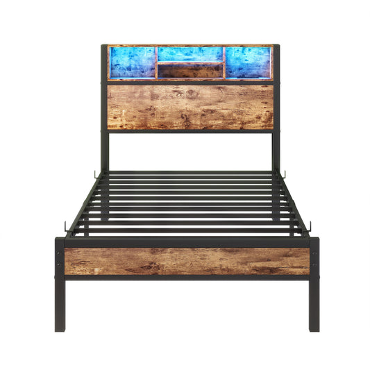 Modern Twin Size Metal Platform Bed Frame With Storage Headboard And Charging Station - Brown