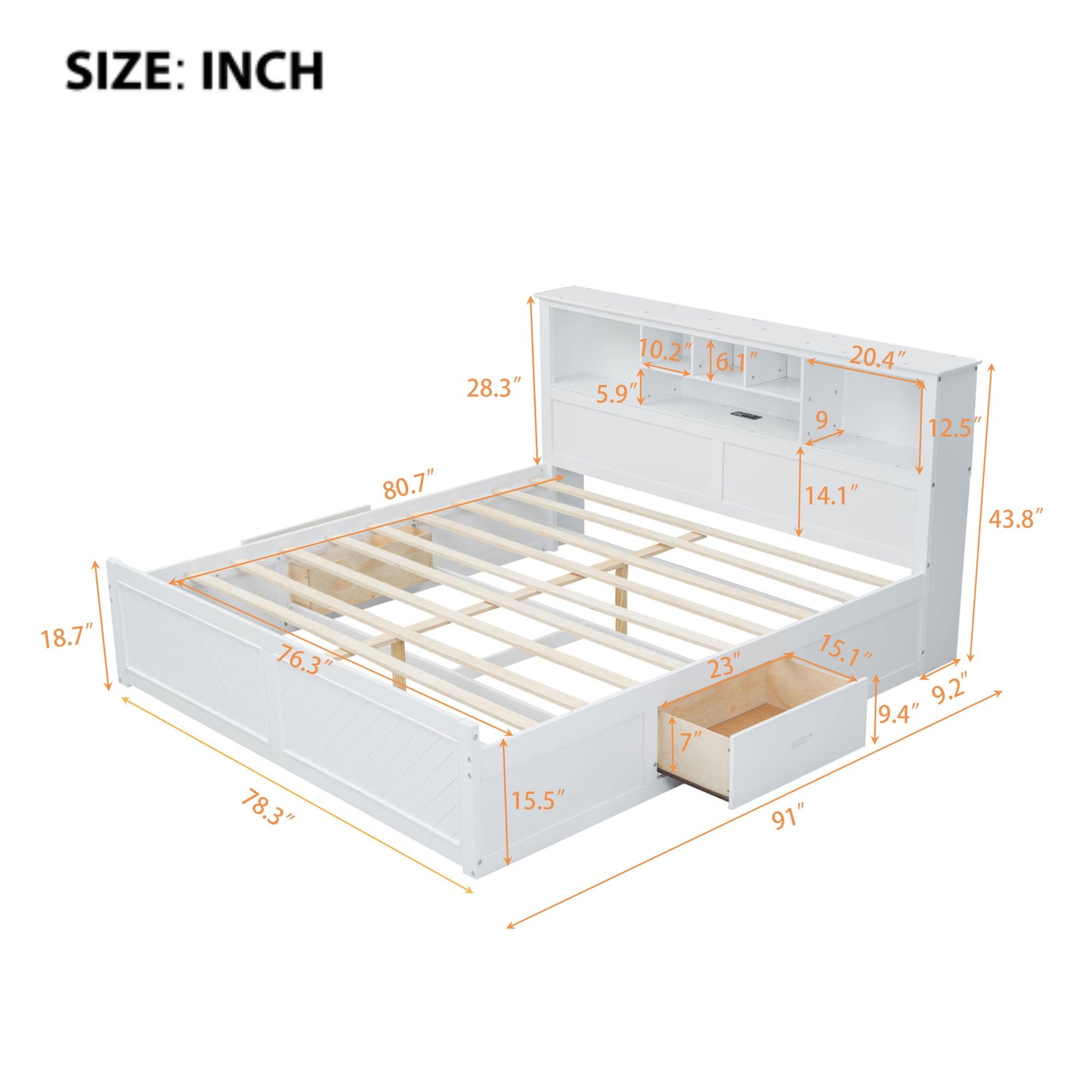 Platform Bed With Multi Storage Headboard, USB And Drawers
