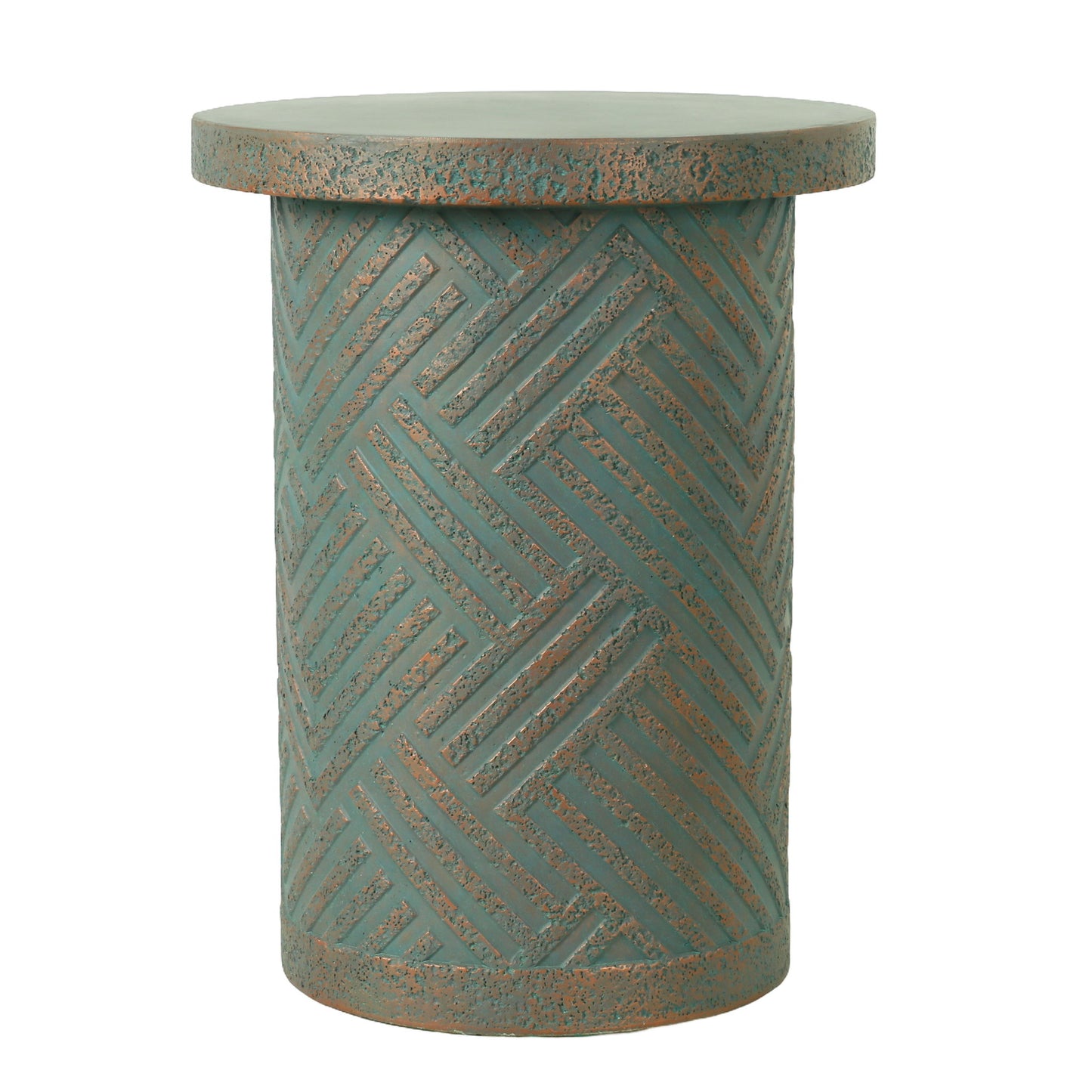 Round Outdoor End Table With Tree Stump Design For Patio - Golden / Green / Peacock