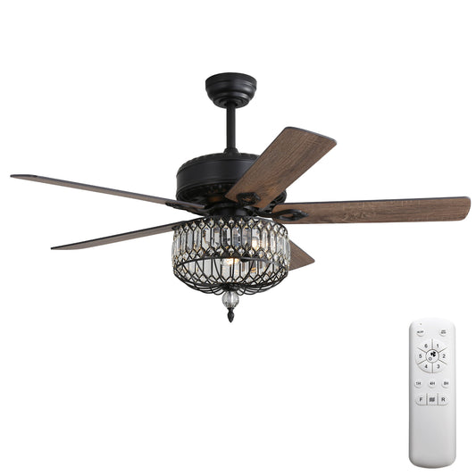 Ceiling Fan With Crystal Lampshade, 5 Blades, DC Motor, 6 Speed Remote Control, 1 / 4 / 8 Hour Timer - Black
