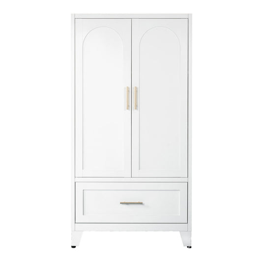 Wardrobe Cabinet With 1 Drawer And Hanging Rod, 2 Doors Closet With Shelf For Bedroom - White