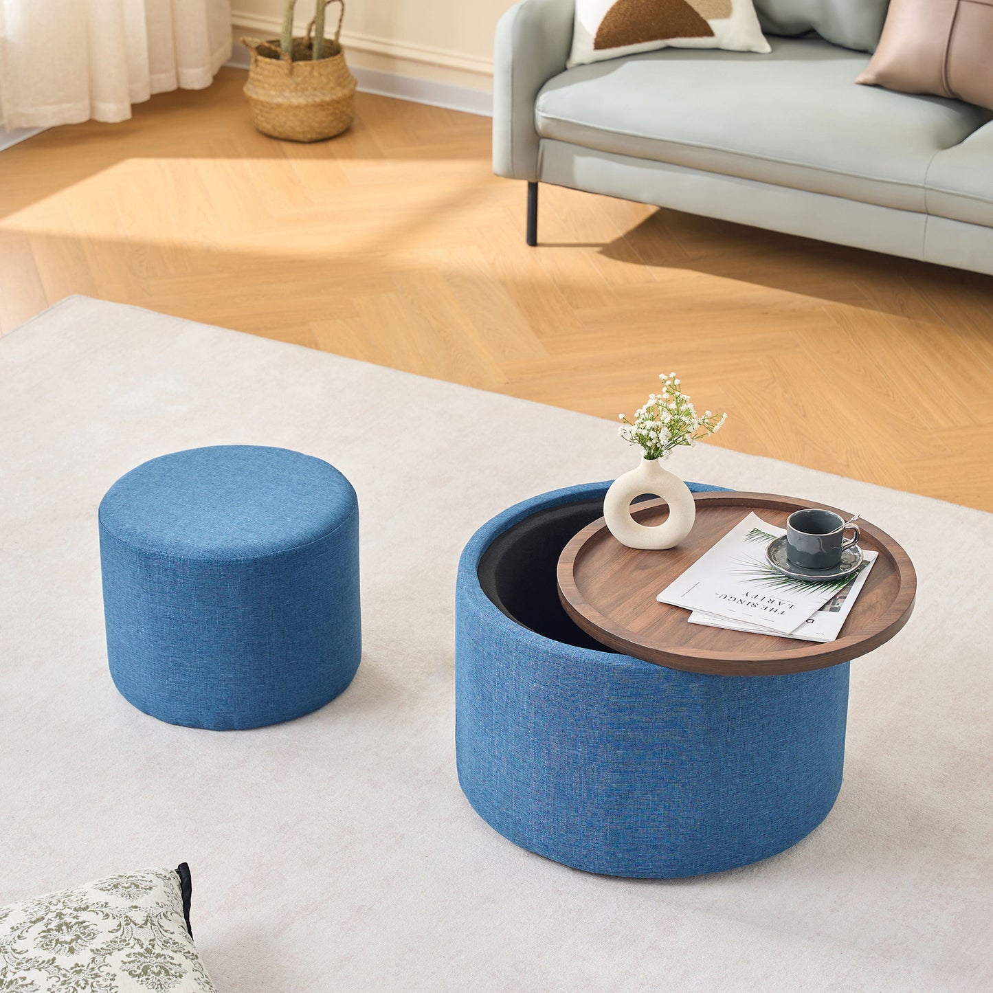 Nesting Ottomans, Round Coffee Table & Bench With Tray (Set of 2)