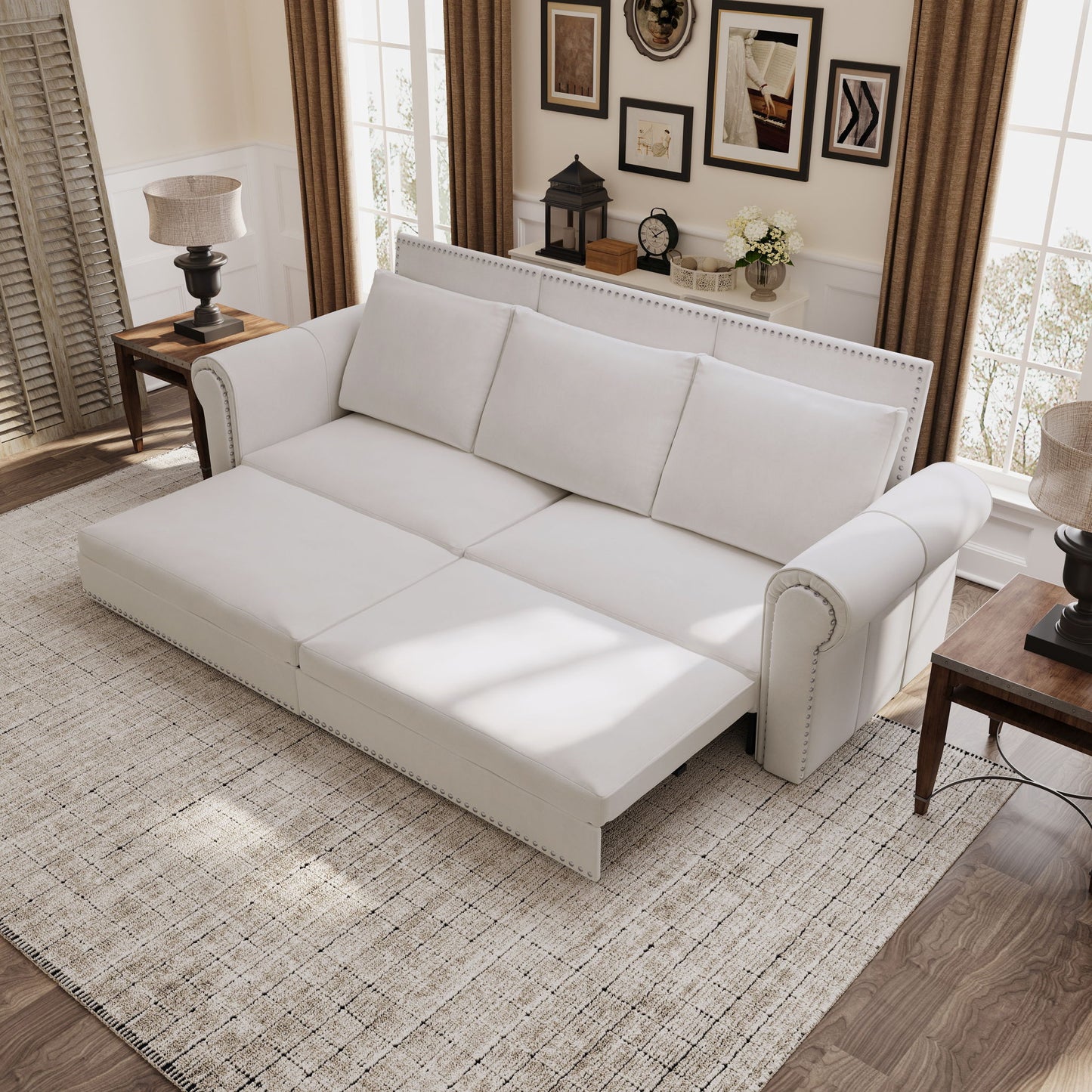 3 In 1 Convertible Sleeper Sofa With Nailhead Trim & Rolled Arm