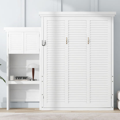 Queen Size Murphy Bed With Louvered Design And Multiple Storage Shelves - White