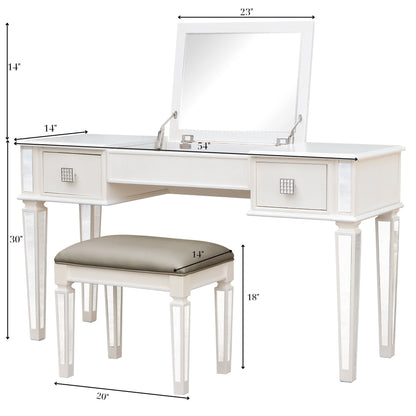 Mirrored Vanity Desk With Drawers And Stool, Flip Up Dressing Table Set For Makeup Room