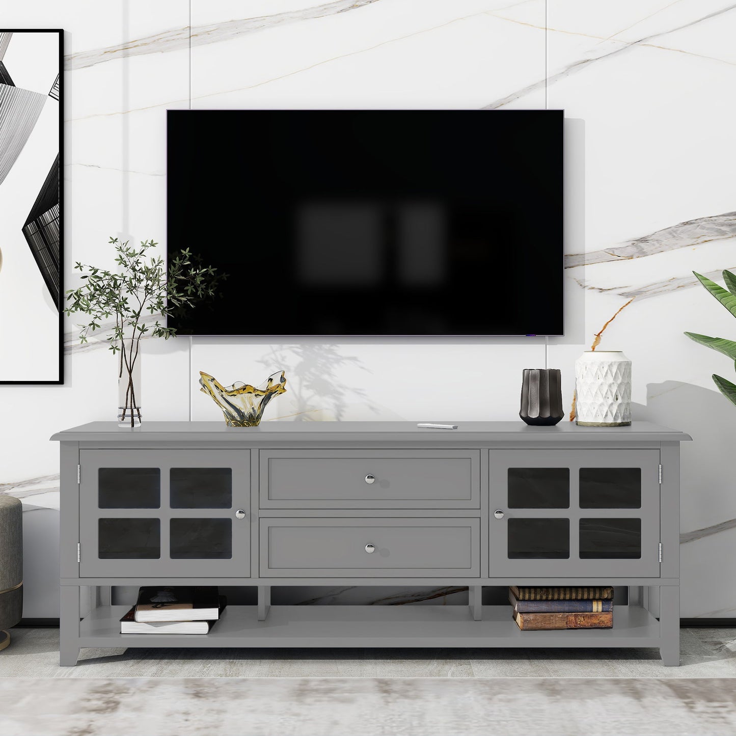 TV Stand, Entertainment Center With Dual Drawers And Hidden Storage, Cabinet With Soft Closing Doors And Sleek Panel Design