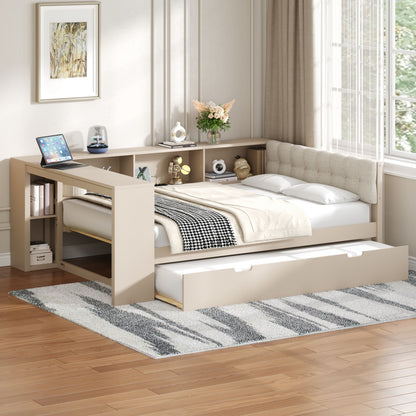 Upholstered Headboard Platform Bed With Storage Shelves, Trundle, Charging Station