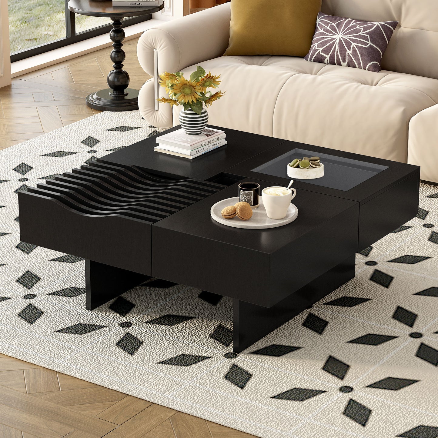 Unique Square Coffee Table With 3 Drawers