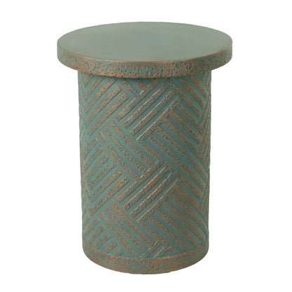 Round Outdoor End Table With Tree Stump Design For Patio - Golden / Green / Peacock