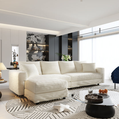Plush Corduroy 4 Seat Sofa With Soft Pillows And Movable Ottoman