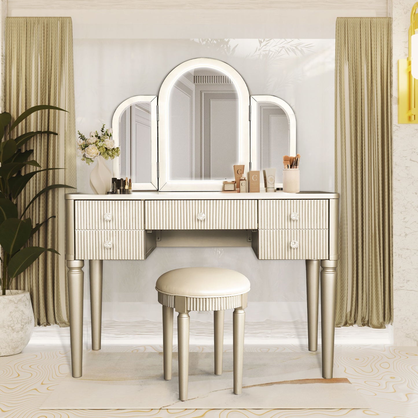 Mirrored Makeup Vanity Table Set With Adjustable Lighting And Storage